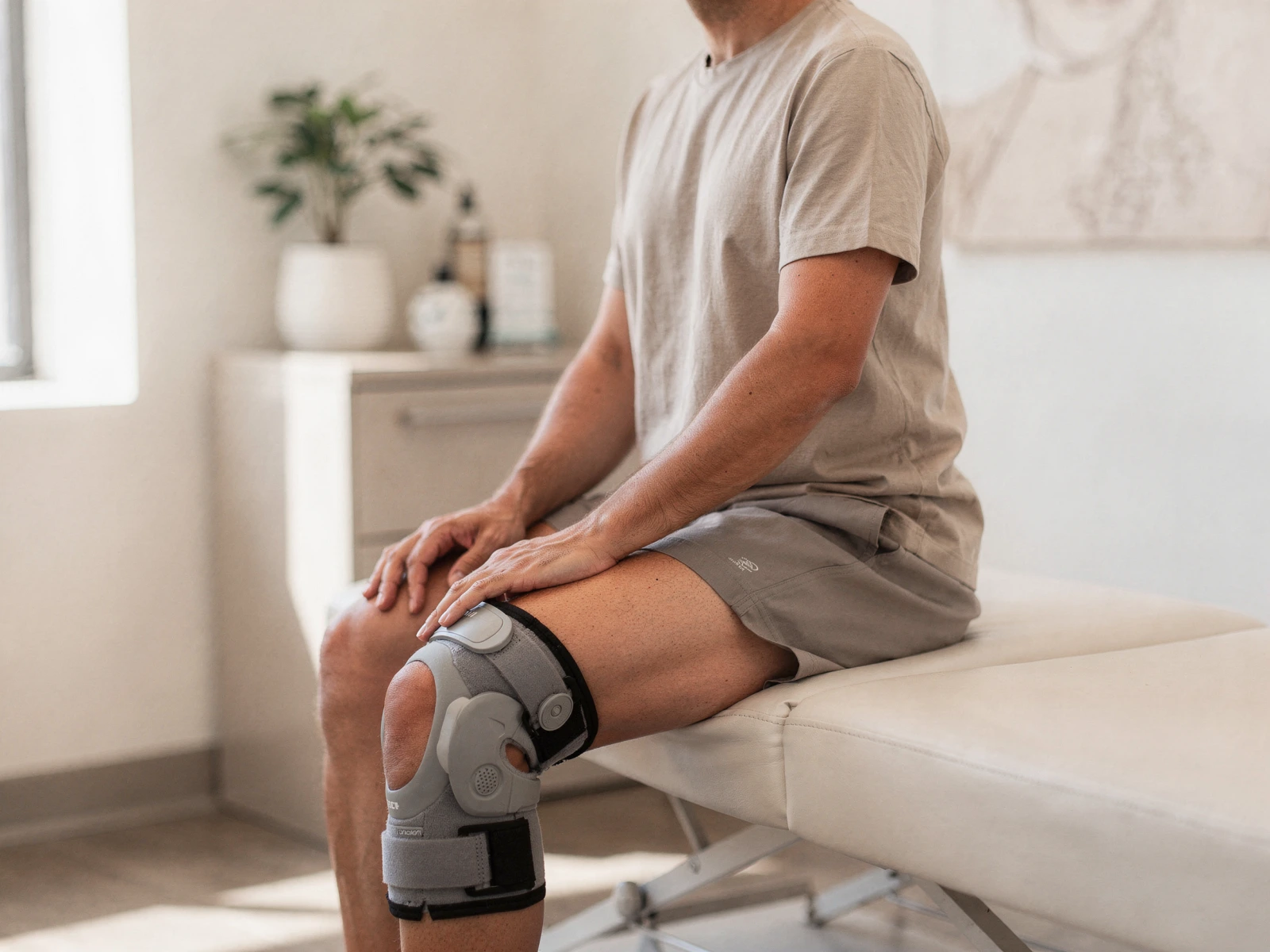 Man sitting on examination table wearing a knee brace, evaluating his knee injury in a clinical setting